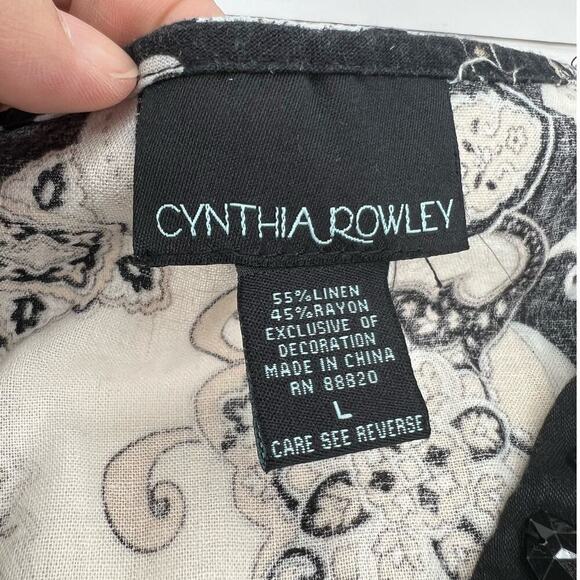 Cynthia Rowley Black White Linen Blend Embellished Neckline Tank Top Large - Picture 6 of 10